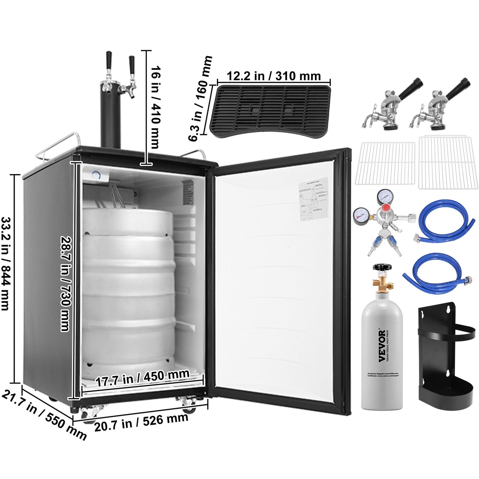 VEVOR Beer Kegerator, Dual Tap Draft Beer Dispenser, Full Size Keg Refrigerator With Shelves, CO2 Cylinder, Drip Tray & Rail, 32°F- 50°F Temperature Control, Holds 1/6, 1/4, 1/2 Barrels, Black 