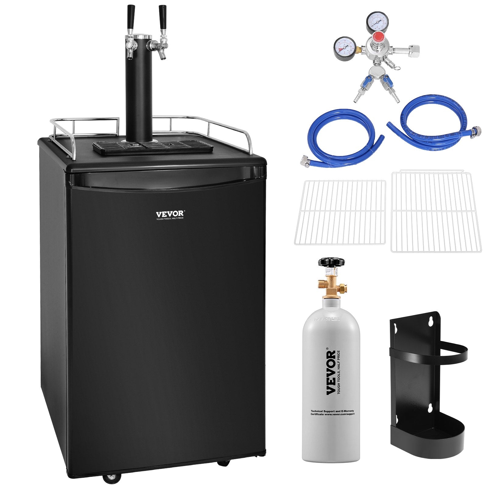 VEVOR Beer Kegerator, Dual Tap Draft Beer Dispenser, Full Size Keg Refrigerator With Shelves, CO2 Cylinder, Drip Tray & Rail, 32°F- 50°F Temperature Control, Holds 1/6, 1/4, 1/2 Barrels, Black 