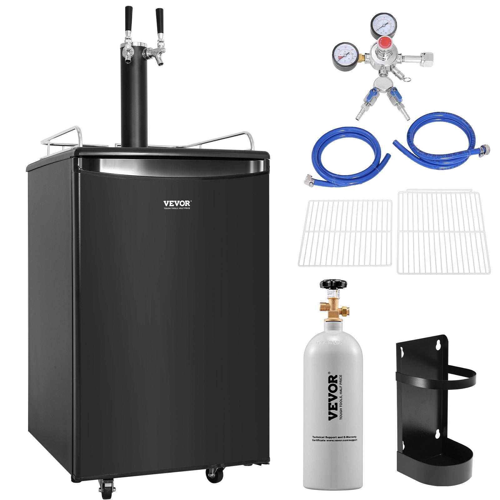 VEVOR Beer Kegerator, Dual Tap Draft Beer Dispenser, Full Size Keg Refrigerator With Shelves, CO2 Cylinder, Drip Tray & Rail, 32°F- 50°F Temperature Control, Holds 1/6, 1/4, 1/2 Barrels, Black 