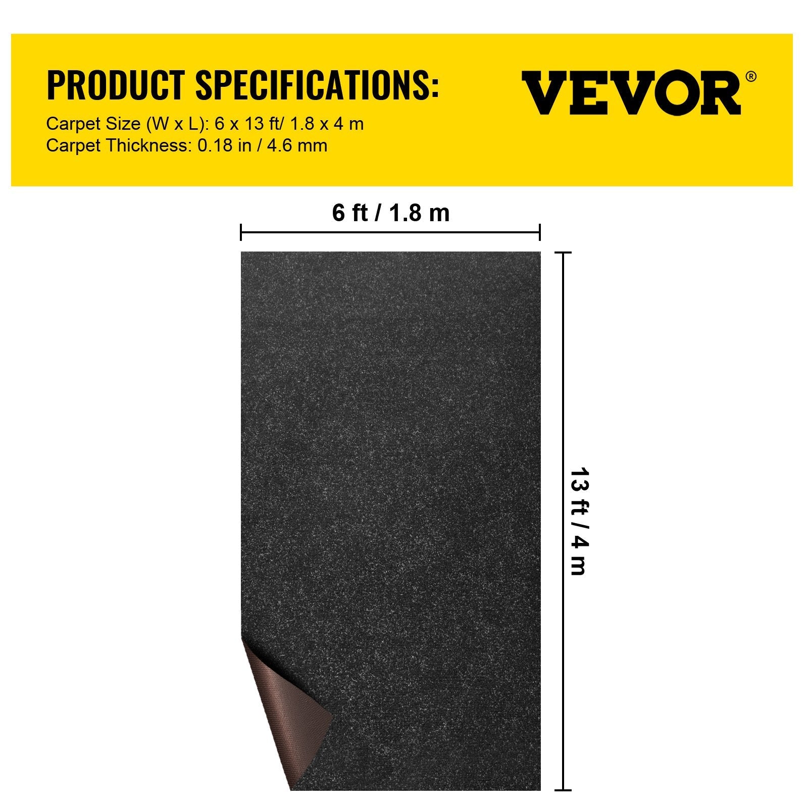 VEVOR Boat Carpet, 6 ft x 13.1 ft Marine Carpet for Boats, Waterproof Black Indoor Outdoor Carpet with Marine Backing Anti-Slide Marine Grade Boat Carpet Cuttable Easy to Clean Patio Rugs Deck Rug 