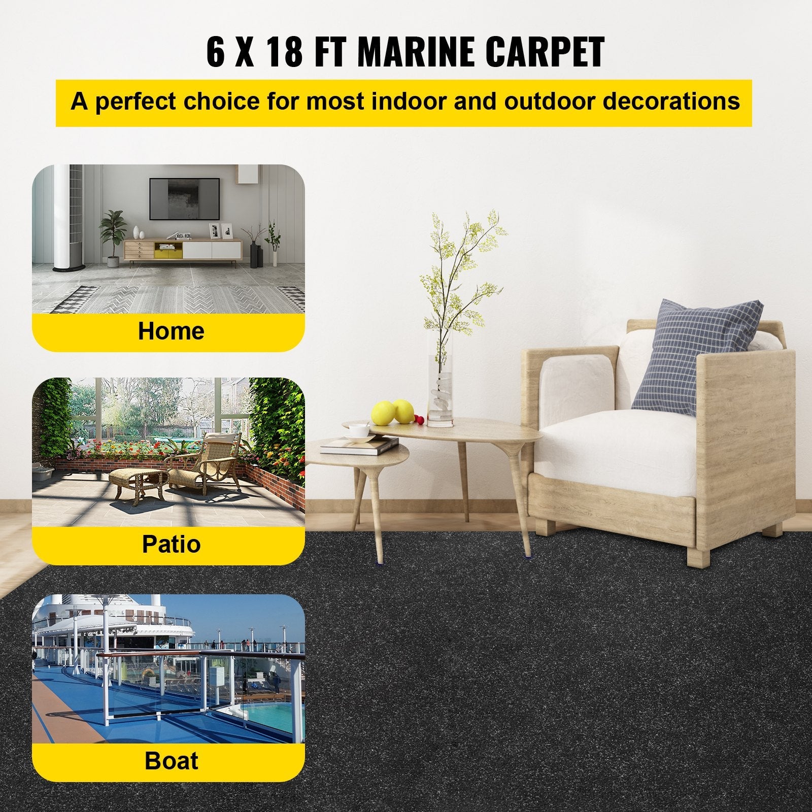 VEVOR Boat Carpet, 6 ft x 18 ft Marine Carpet for Boats, Waterproof Black Indoor Outdoor Carpet with Marine Backing Anti-Slide Marine Grade Boat Carpet Cuttable Easy to Clean Patio Rugs Deck Rug 