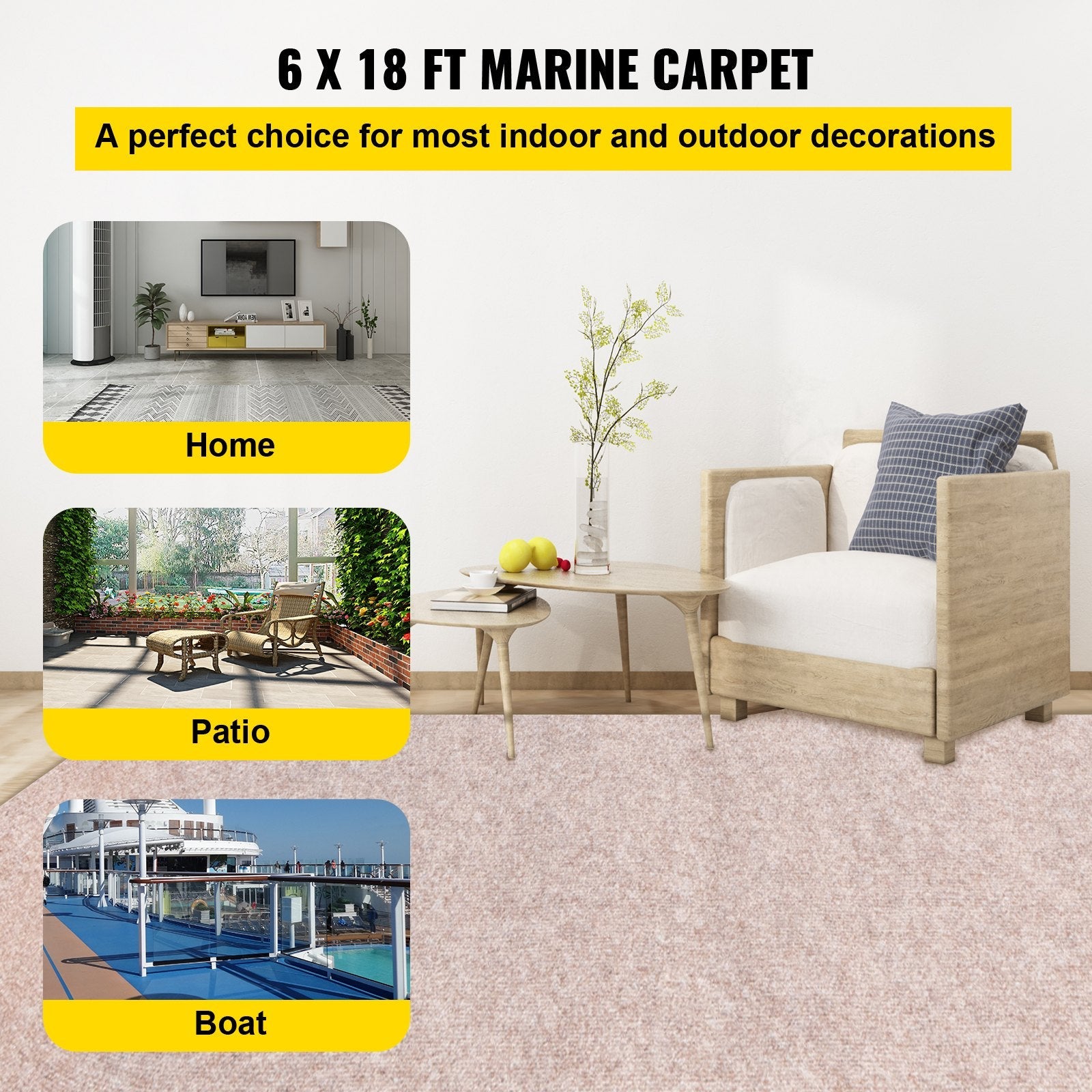 VEVOR Boat Carpet 6x18 feet, Marine Carpet for Boats, Waterproof Light Brown Indoor Outdoor Carpet with Marine Backing Anti-Slide Marine Grade Boat Carpet Cuttable Easy to Clean Patio Rugs Deck Rug 