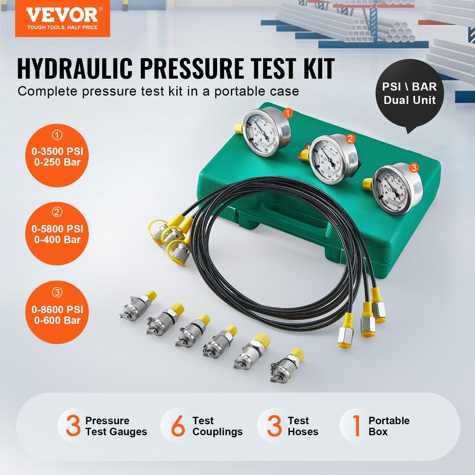 VEVOR Hydraulic Pressure Test Kit, 250/400/600bar, 3 Gauges 6 Test Couplings 3 Test Hoses, Excavator Hydraulic Test Gauge Set with Portable Carrying Case for Excavator Tractors Construction Machinery 