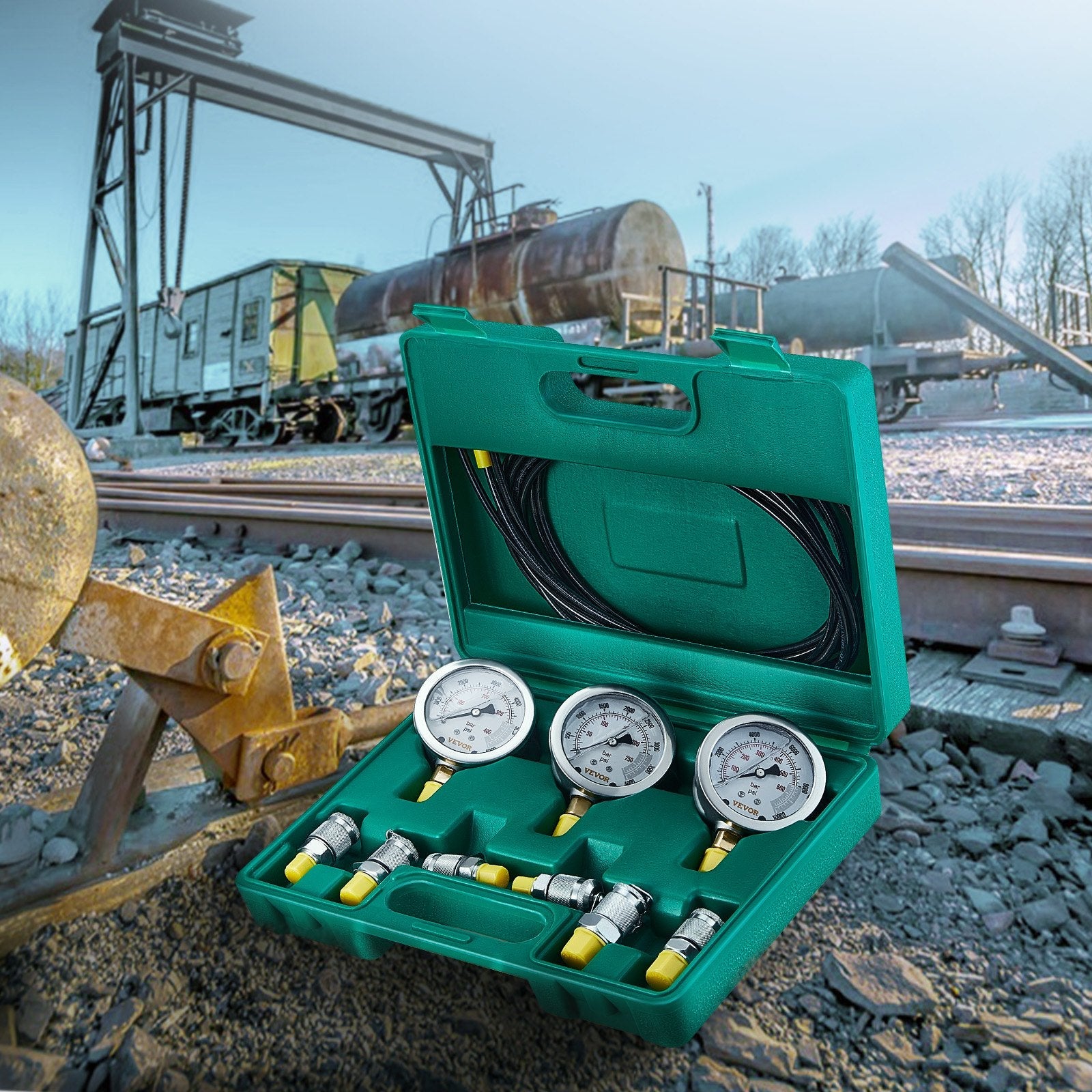 VEVOR Hydraulic Pressure Test Kit, 250/400/600bar, 3 Gauges 6 Test Couplings 3 Test Hoses, Excavator Hydraulic Test Gauge Set with Portable Carrying Case for Excavator Tractors Construction Machinery 