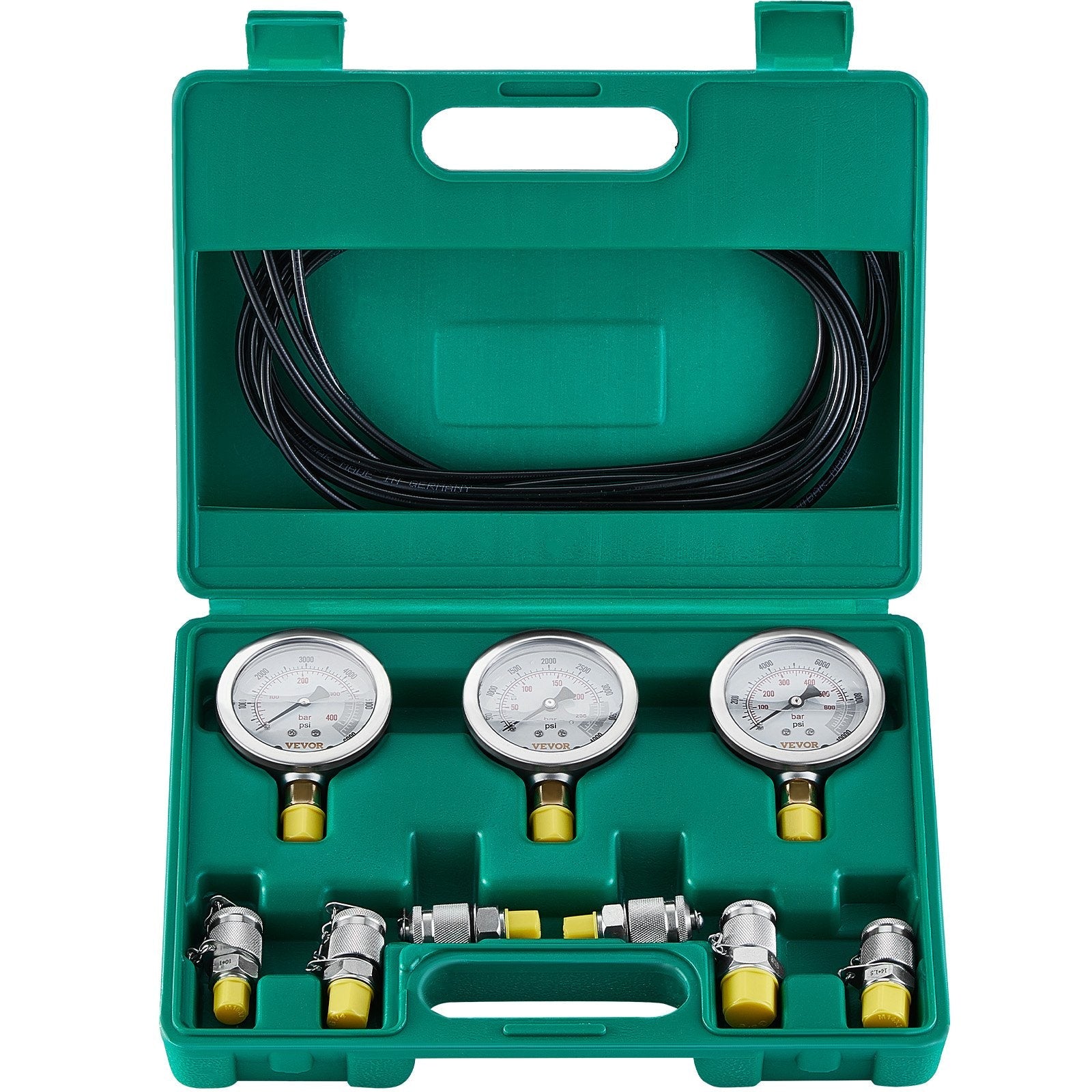 VEVOR Hydraulic Pressure Test Kit, 250/400/600bar, 3 Gauges 6 Test Couplings 3 Test Hoses, Excavator Hydraulic Test Gauge Set with Portable Carrying Case for Excavator Tractors Construction Machinery 