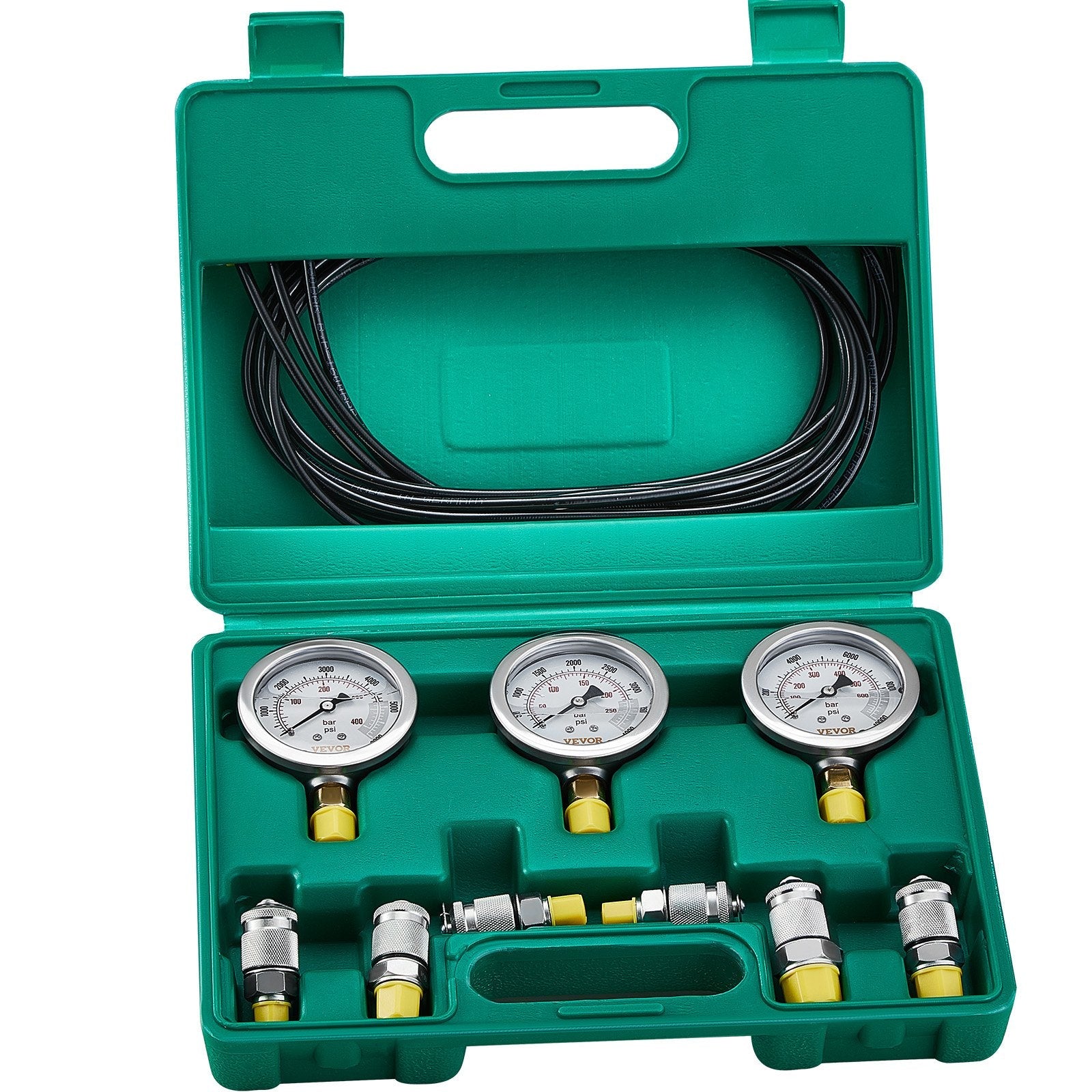 VEVOR Hydraulic Pressure Test Kit, 250/400/600bar, 3 Gauges 6 Test Couplings 3 Test Hoses, Excavator Hydraulic Test Gauge Set with Portable Carrying Case for Excavator Tractors Construction Machinery 