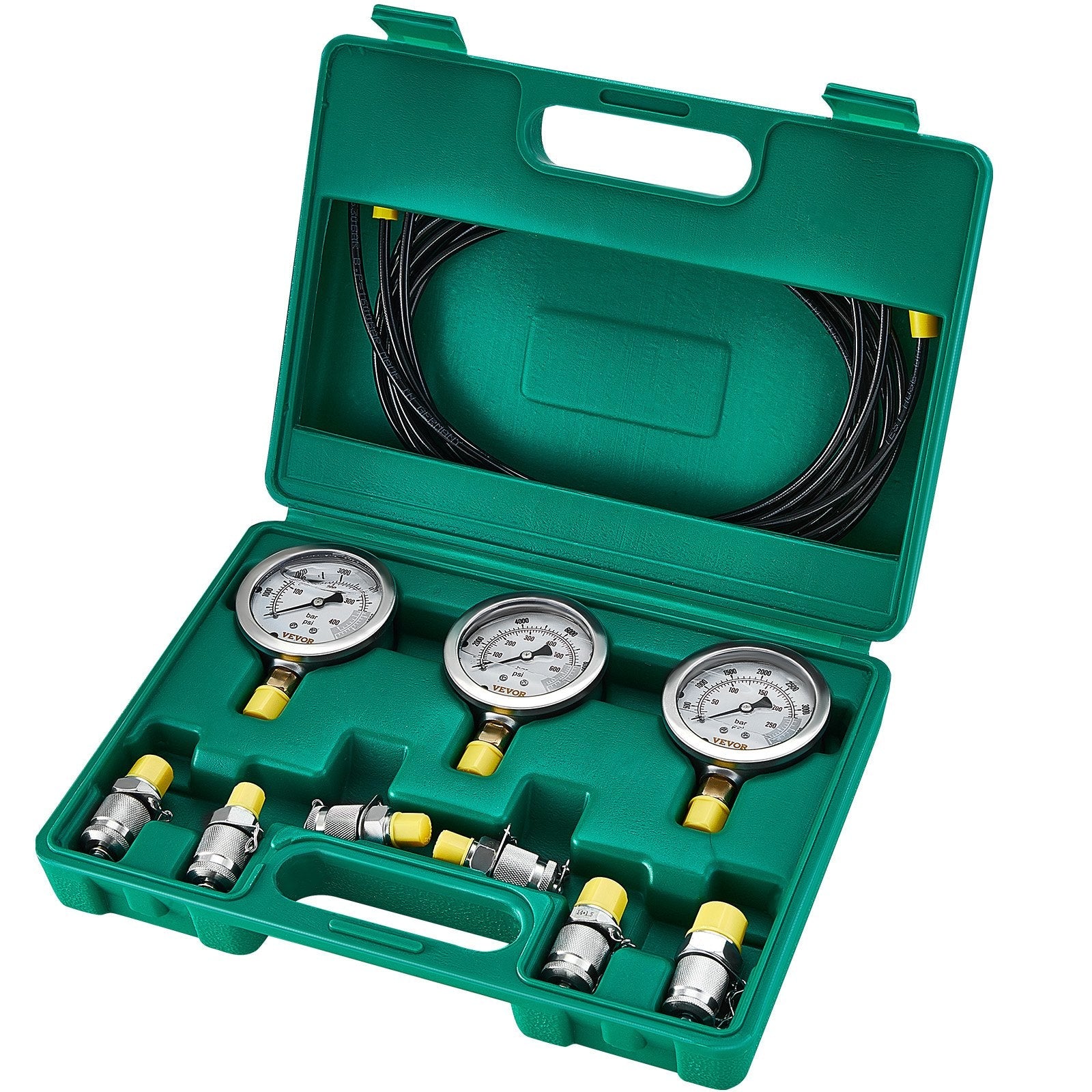 VEVOR Hydraulic Pressure Test Kit, 250/400/600bar, 3 Gauges 6 Test Couplings 3 Test Hoses, Excavator Hydraulic Test Gauge Set with Portable Carrying Case for Excavator Tractors Construction Machinery 