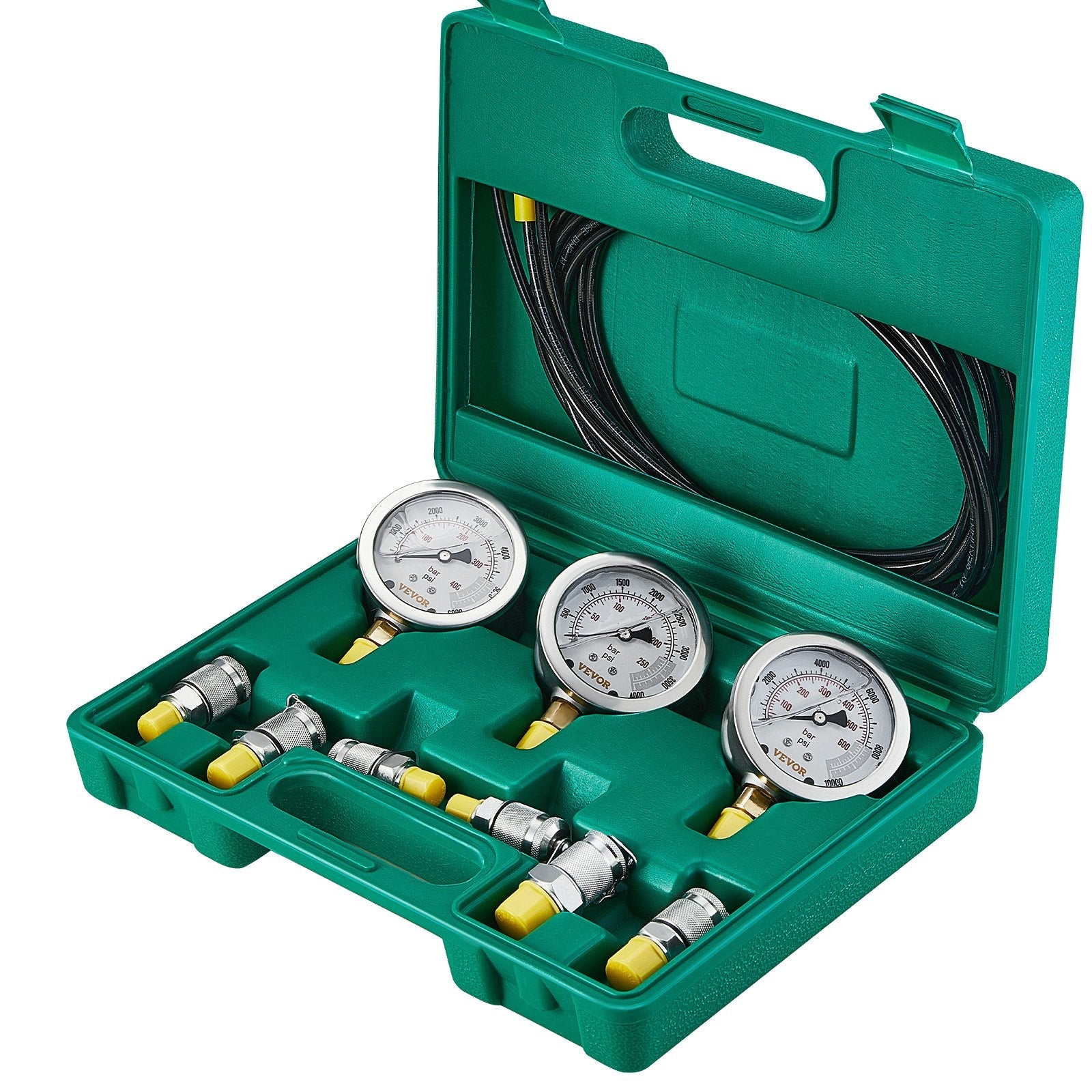 VEVOR Hydraulic Pressure Test Kit, 250/400/600bar, 3 Gauges 6 Test Couplings 3 Test Hoses, Excavator Hydraulic Test Gauge Set with Portable Carrying Case for Excavator Tractors Construction Machinery 