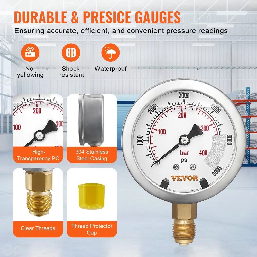 VEVOR Hydraulic Pressure Test Kit, 10/100/250/400/600bar, 5 Gauges 13 Couplings 14 Tee Connectors 5 Test Hoses, Excavator Hydraulic Test Gauge Set with Carrying Case for Excavator Tractors Machinery