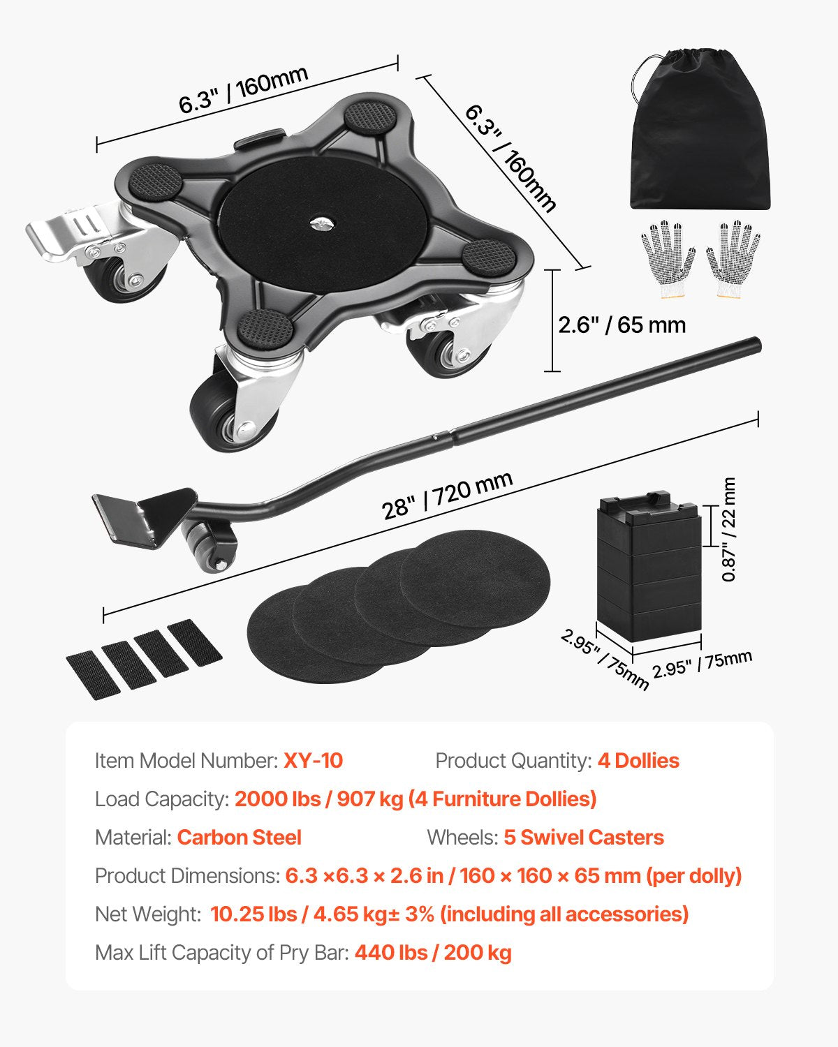 VEVOR Furniture Dolly Heavy Duty Furniture Mover with 5 Wheels 1200 lbs Capacity 