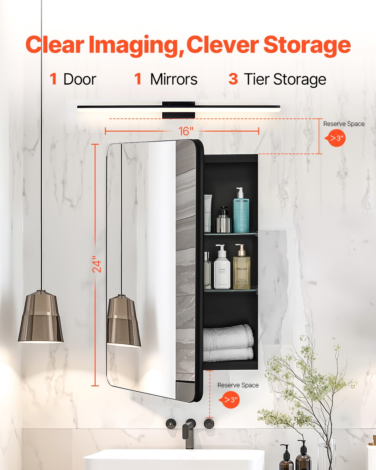 VEVOR Medicine Cabinet 16" x 24" Mirror Medicine Cabinet Adjustable Shelves 