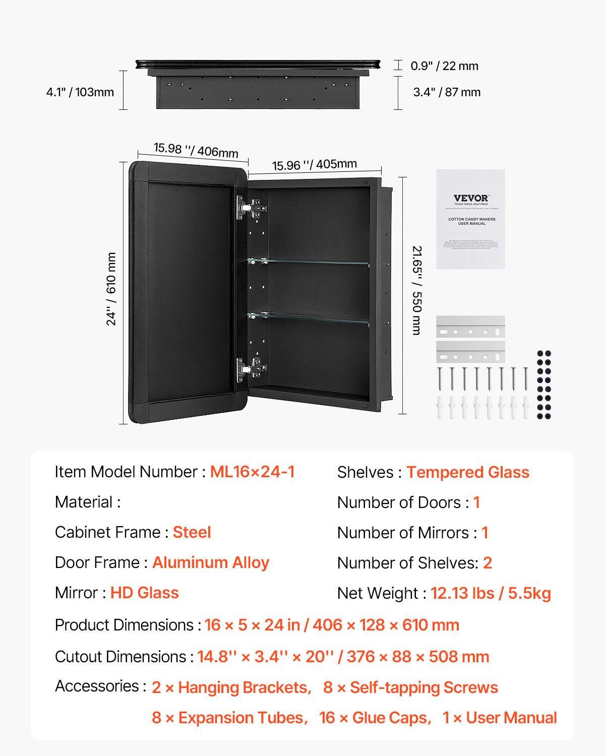 VEVOR Medicine Cabinet 16" x 24" Mirror Medicine Cabinet Adjustable Shelves 