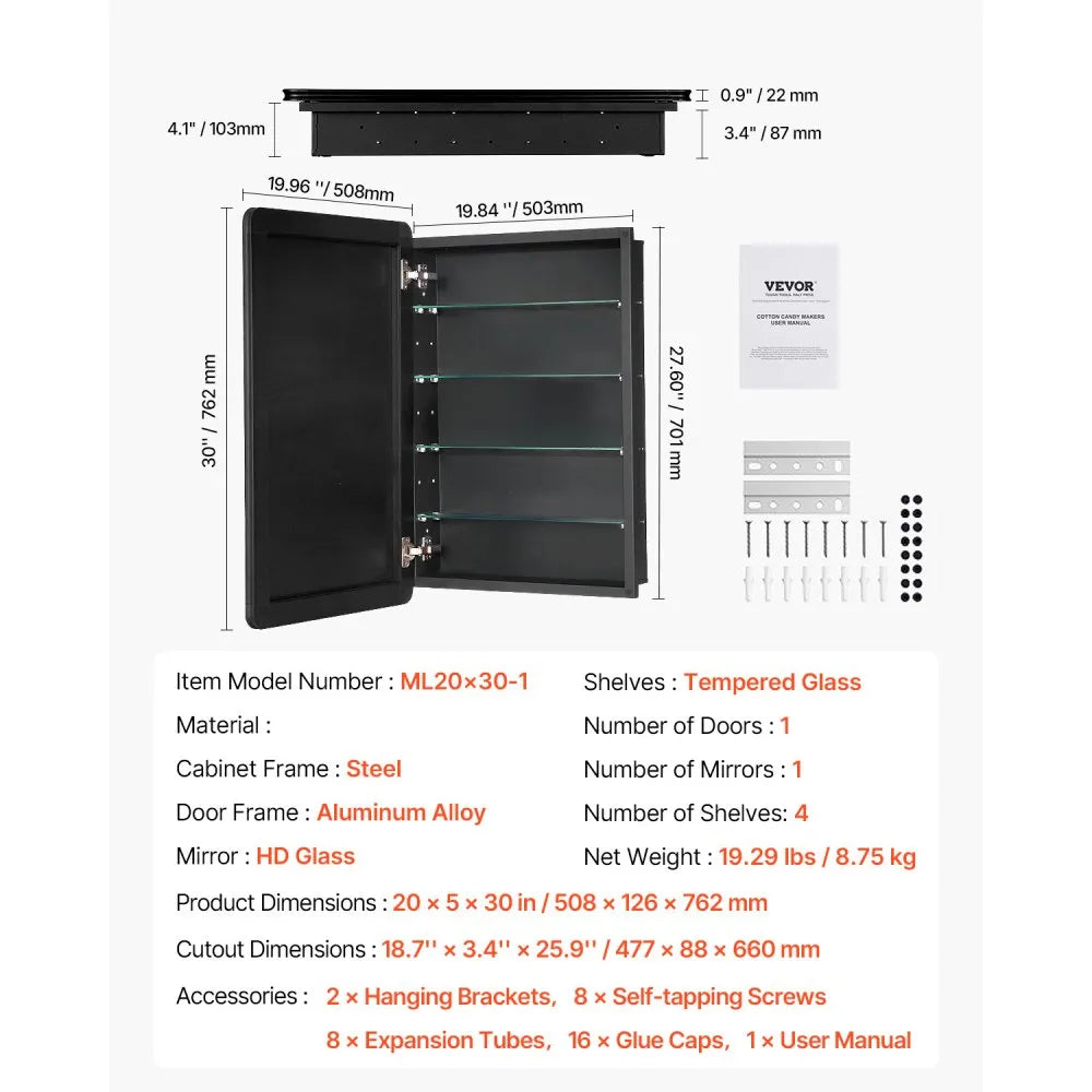 VEVOR Medicine Cabinet 20" x 30" Mirror Medicine Cabinet Adjustable Shelves