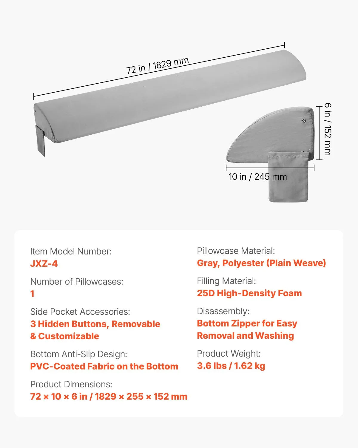 VEVOR Bed Wedge Pillow for Headboard 72" x 10" x 6" Bed Gap Filler Fill 0-7" Gap