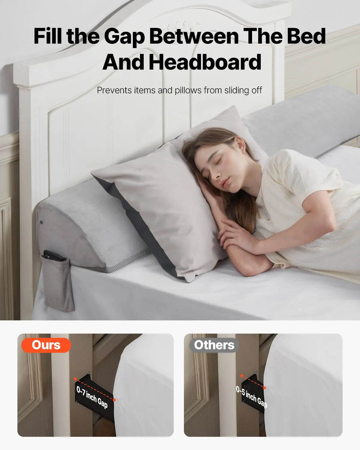 VEVOR Bed Wedge Pillow 76"x10"x6" Plush Bed Gap Filler Headboard Fill 0-7" Gap