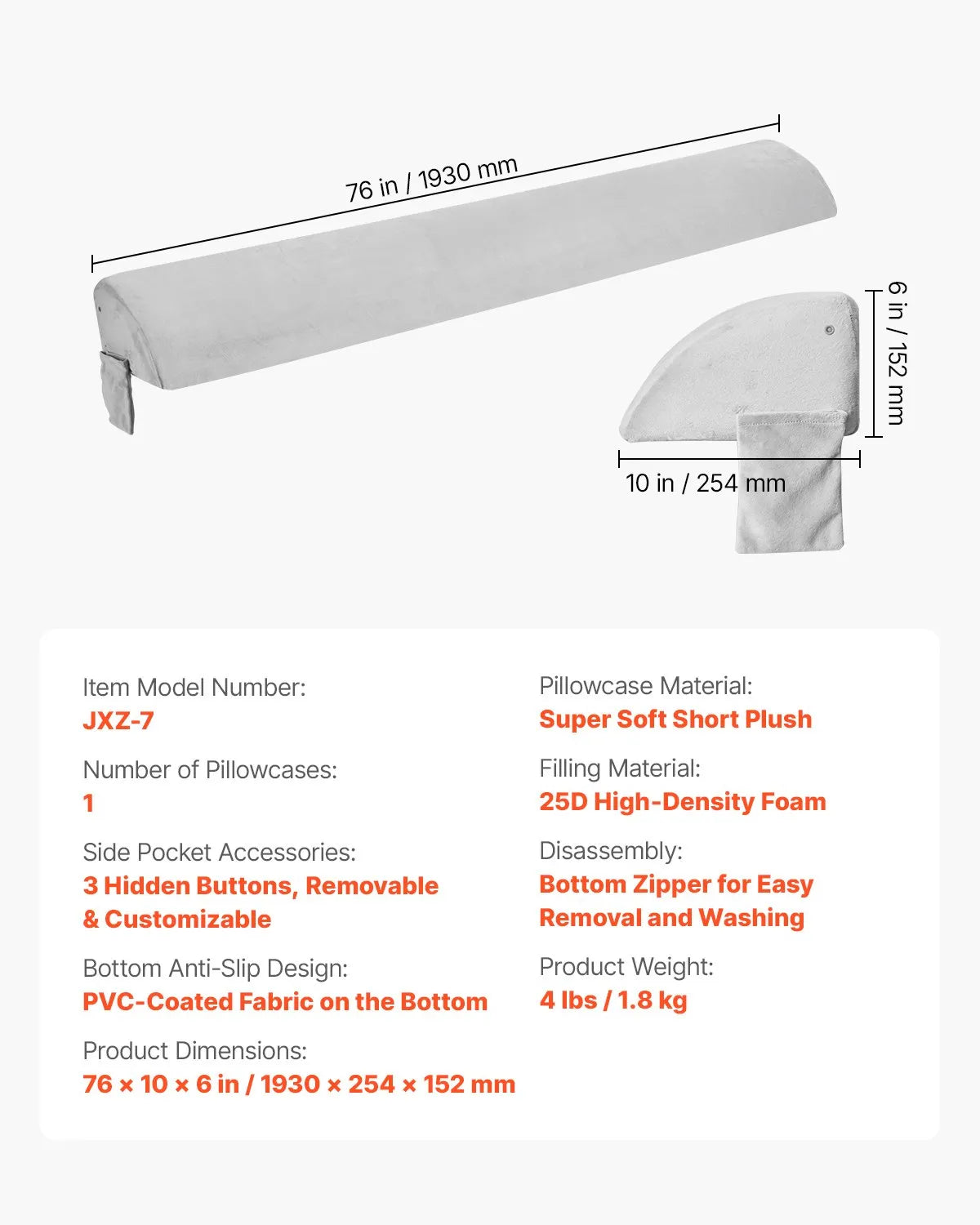 VEVOR Bed Wedge Pillow 76"x10"x6" Plush Bed Gap Filler Headboard Fill 0-7" Gap