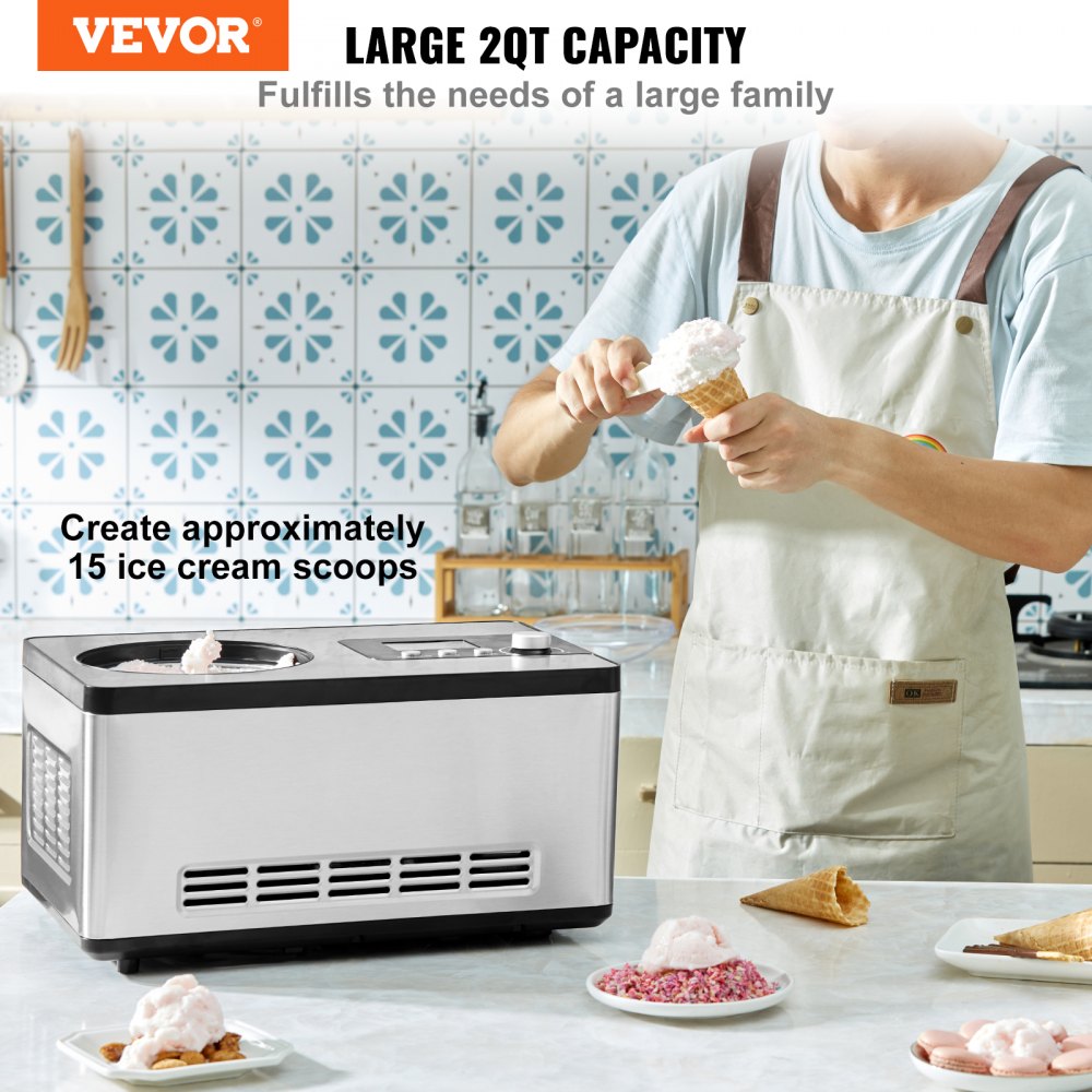 VEVOR Automatic Ice Cream Maker with Built-in Compressor, 2 Quart No Pre-freezing Fruit Yogurt Machine, Stainless Steel Electric Sorbet Maker, 3 Modes Gelato Maker with LCD Display & Timer, Silver 