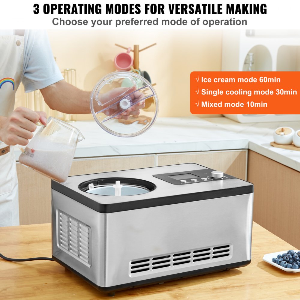 VEVOR Automatic Ice Cream Maker with Built-in Compressor, 2 Quart No Pre-freezing Fruit Yogurt Machine, Stainless Steel Electric Sorbet Maker, 3 Modes Gelato Maker with LCD Display & Timer, Silver 