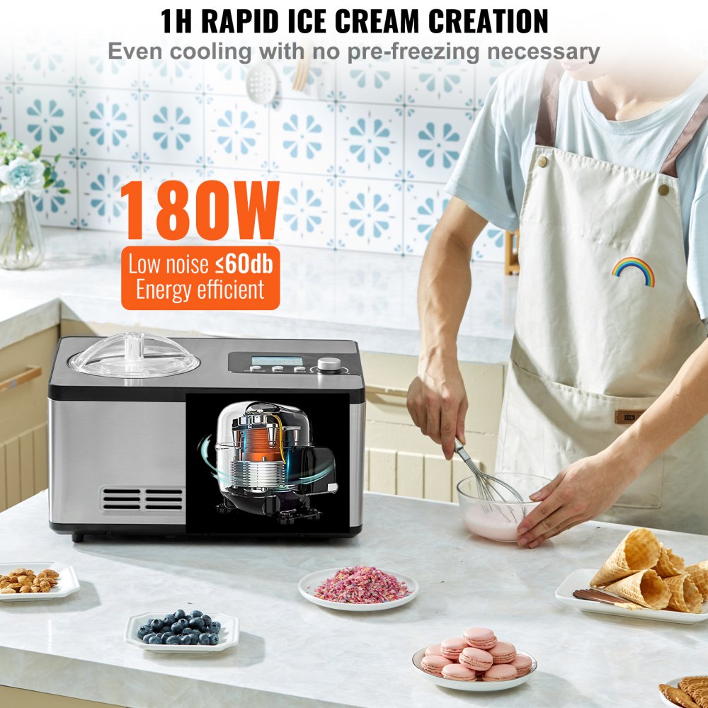 VEVOR Automatic Ice Cream Maker with Built-in Compressor, 2 Quart No Pre-freezing Fruit Yogurt Machine, Stainless Steel Electric Sorbet Maker, 3 Modes Gelato Maker with LCD Display & Timer, Silver 
