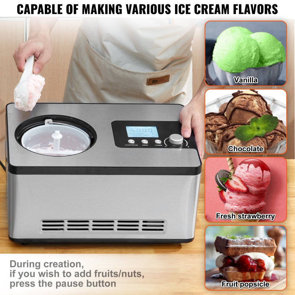 VEVOR Automatic Ice Cream Maker with Built-in Compressor, 2 Quart No Pre-freezing Fruit Yogurt Machine, Stainless Steel Electric Sorbet Maker, 3 Modes Gelato Maker with LCD Display & Timer, Silver 