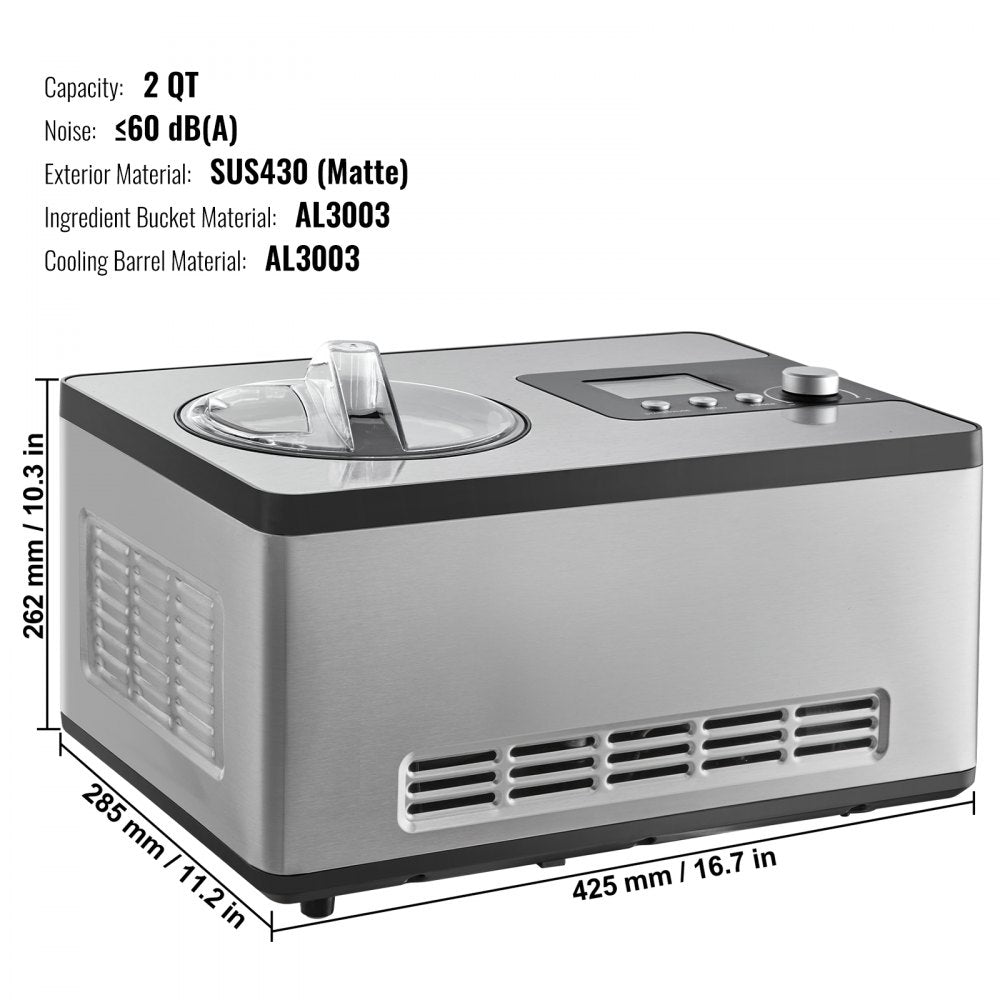 VEVOR Automatic Ice Cream Maker with Built-in Compressor, 2 Quart No Pre-freezing Fruit Yogurt Machine, Stainless Steel Electric Sorbet Maker, 3 Modes Gelato Maker with LCD Display & Timer, Silver 