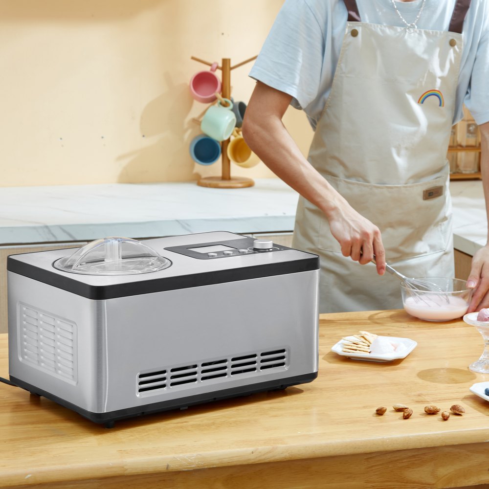 VEVOR Automatic Ice Cream Maker with Built-in Compressor, 2 Quart No Pre-freezing Fruit Yogurt Machine, Stainless Steel Electric Sorbet Maker, 3 Modes Gelato Maker with LCD Display & Timer, Silver 