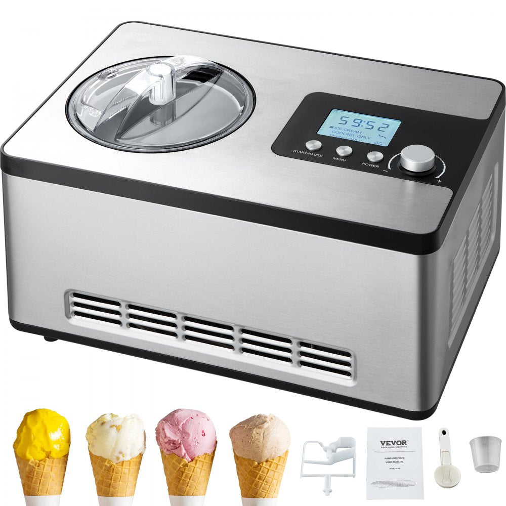 VEVOR Automatic Ice Cream Maker with Built-in Compressor, 2 Quart No Pre-freezing Fruit Yogurt Machine, Stainless Steel Electric Sorbet Maker, 3 Modes Gelato Maker with LCD Display & Timer, Silver 