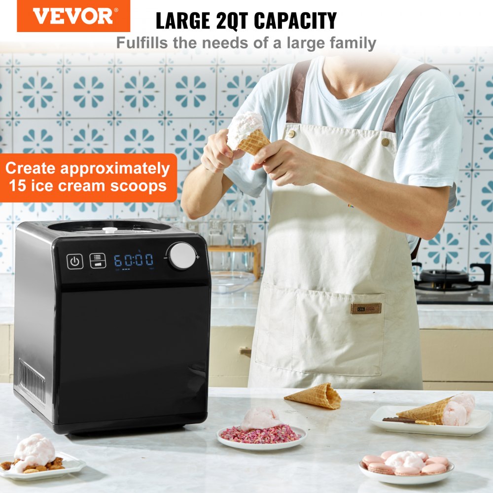 VEVOR Upright Automatic Ice Cream Maker with Built-in Compressor, 2 Quart No Pre-freezing Fruit Yogurt Machine, Stainless Steel Electric Sorbet Maker, 4 Modes Gelato Maker with Digital Display & Timer 