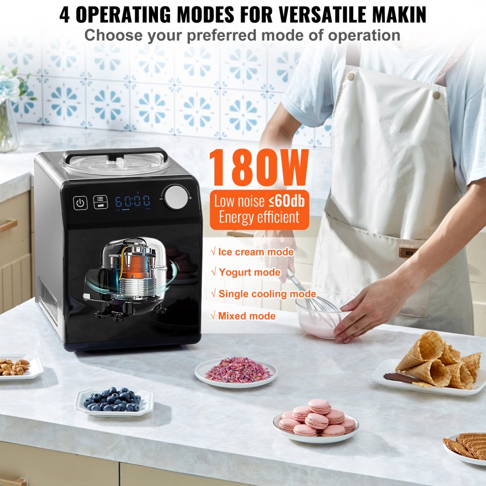 VEVOR Upright Automatic Ice Cream Maker with Built-in Compressor, 2 Quart No Pre-freezing Fruit Yogurt Machine, Stainless Steel Electric Sorbet Maker, 4 Modes Gelato Maker with Digital Display & Timer 