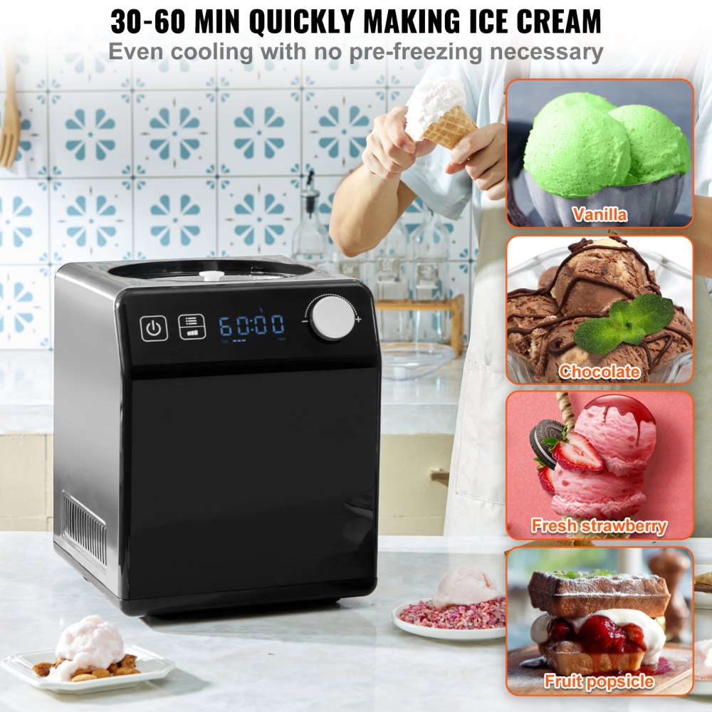VEVOR Upright Automatic Ice Cream Maker with Built-in Compressor, 2 Quart No Pre-freezing Fruit Yogurt Machine, Stainless Steel Electric Sorbet Maker, 4 Modes Gelato Maker with Digital Display & Timer 