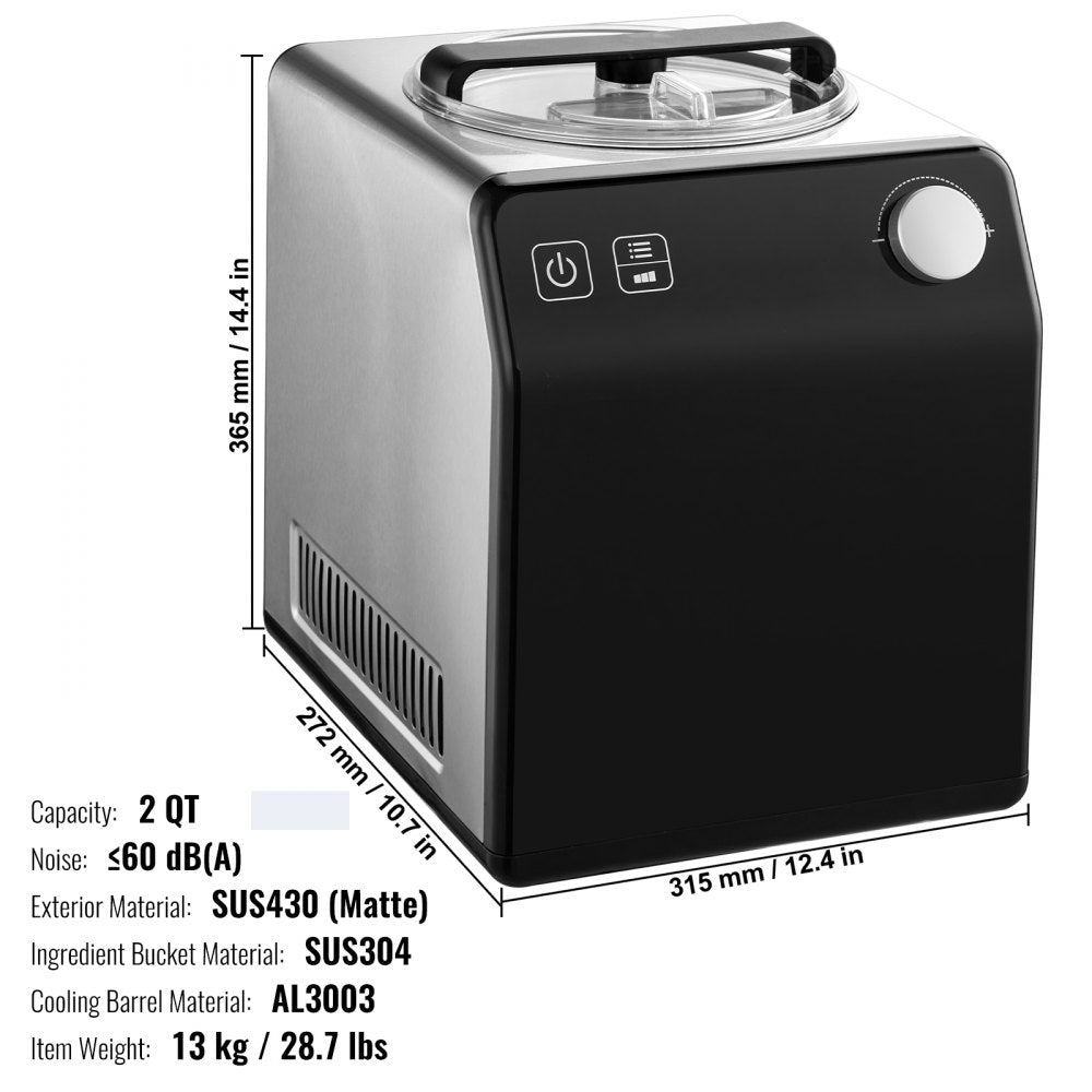 VEVOR Upright Automatic Ice Cream Maker with Built-in Compressor, 2 Quart No Pre-freezing Fruit Yogurt Machine, Stainless Steel Electric Sorbet Maker, 4 Modes Gelato Maker with Digital Display & Timer 