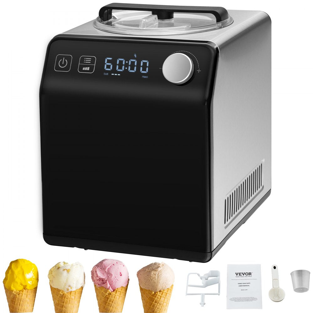 VEVOR Upright Automatic Ice Cream Maker with Built-in Compressor, 2 Quart No Pre-freezing Fruit Yogurt Machine, Stainless Steel Electric Sorbet Maker, 4 Modes Gelato Maker with Digital Display & Timer 