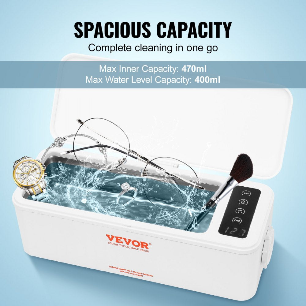 VEVOR Jewelry Cleaner Ultrasonic Machine, Ultrasonic Cleaner Machine 16oz (470ml) with 4 Timer Modes, Portable ultrasonic jewelry cleaner with Cleaning Basket for Eyeglasses, Watches, Dentures, Rings 