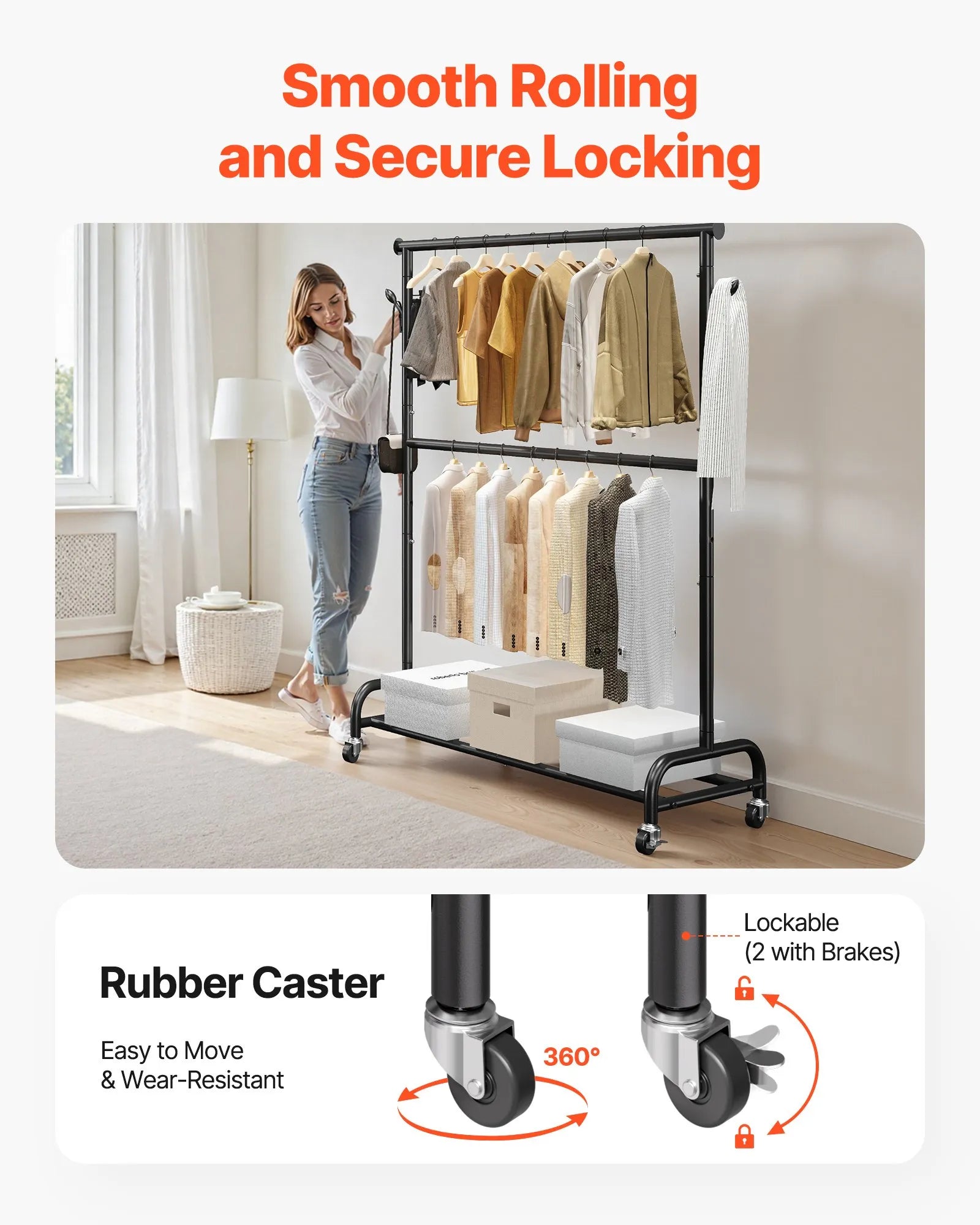 VEVOR Clothes Rack, Rolling Clothing Garment Rack with Adjustable Crossbar and Side Hooks, 150 lbs Load Capacity, Heavy Duty Carbon Steel Clothing Racks with Wheels for Bedroom, Laundry, Living Room 