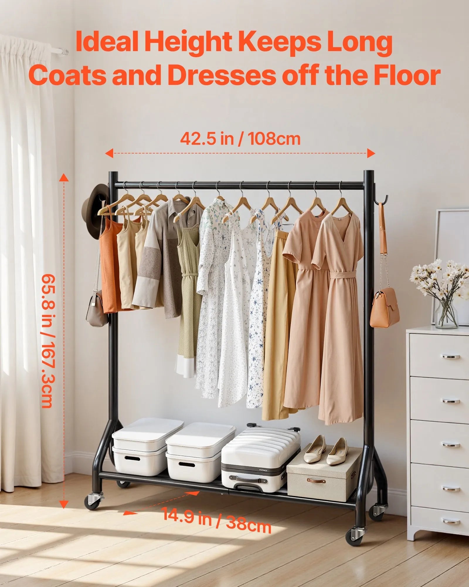 VEVOR Clothes Rack, Rolling Clothing Garment Rack with Hanging Rod and Side Hooks, 198 lbs Load Capacity, Heavy Duty Carbon Steel Clothing Racks with Wheels, Ideal for Bedroom, Laundry, Living Room 