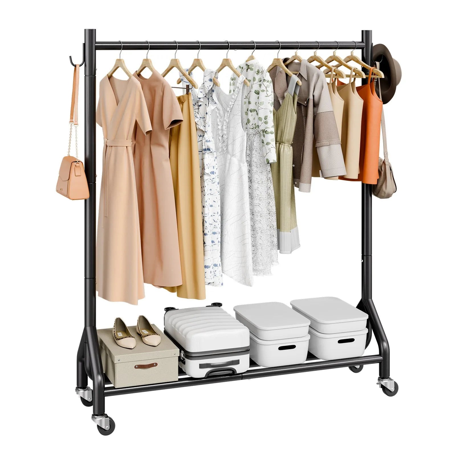 VEVOR Clothes Rack, Rolling Clothing Garment Rack with Hanging Rod and Side Hooks, 198 lbs Load Capacity, Heavy Duty Carbon Steel Clothing Racks with Wheels, Ideal for Bedroom, Laundry, Living Room 