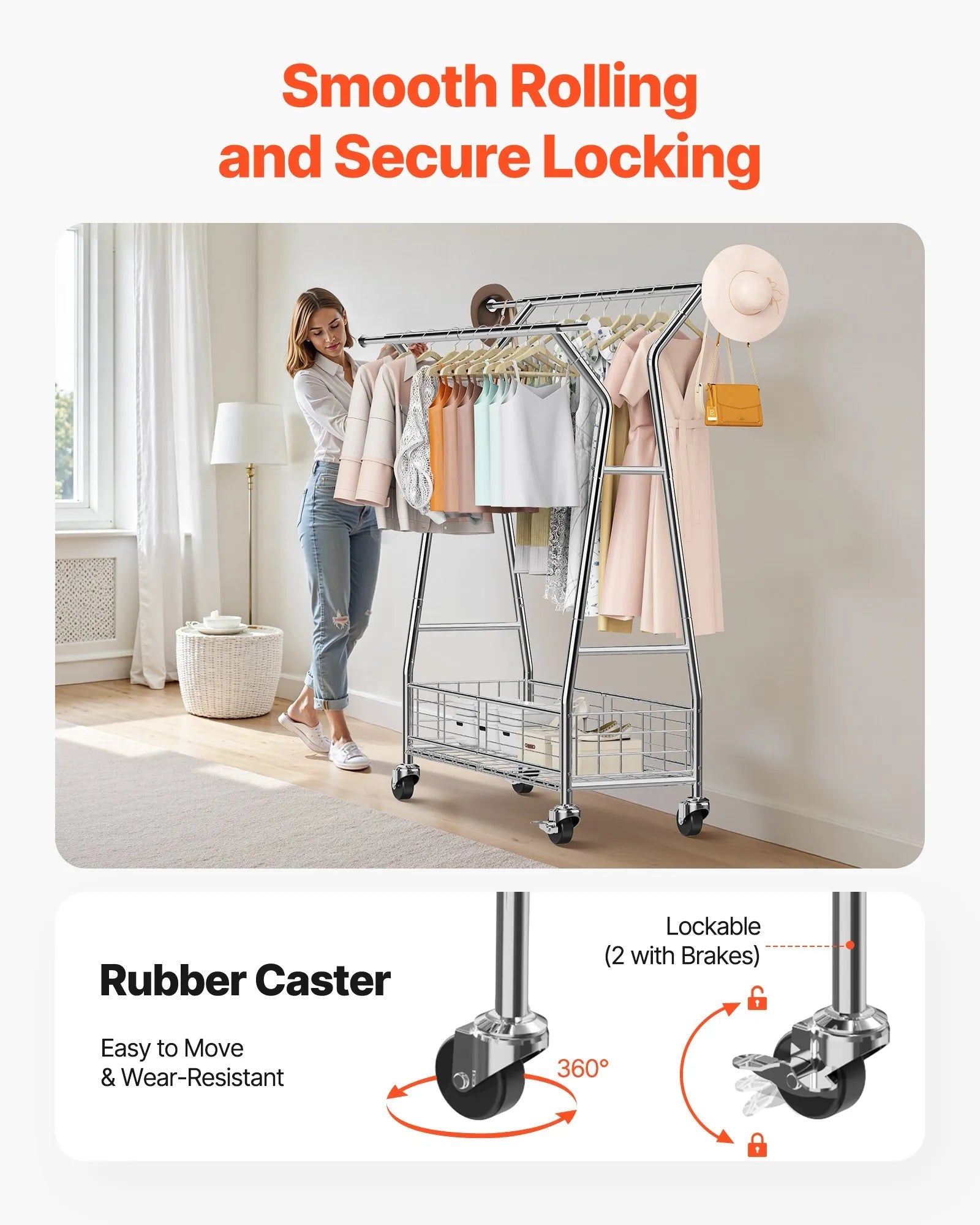 VEVOR Clothes Rack, Rolling Clothing Garment Rack with 2 Hanging Rods and Storage Basket, 330 lbs Load Capacity, Extendable Carbon Steel Clothing Racks with Wheels for Bedroom, Laundry, Living Room 