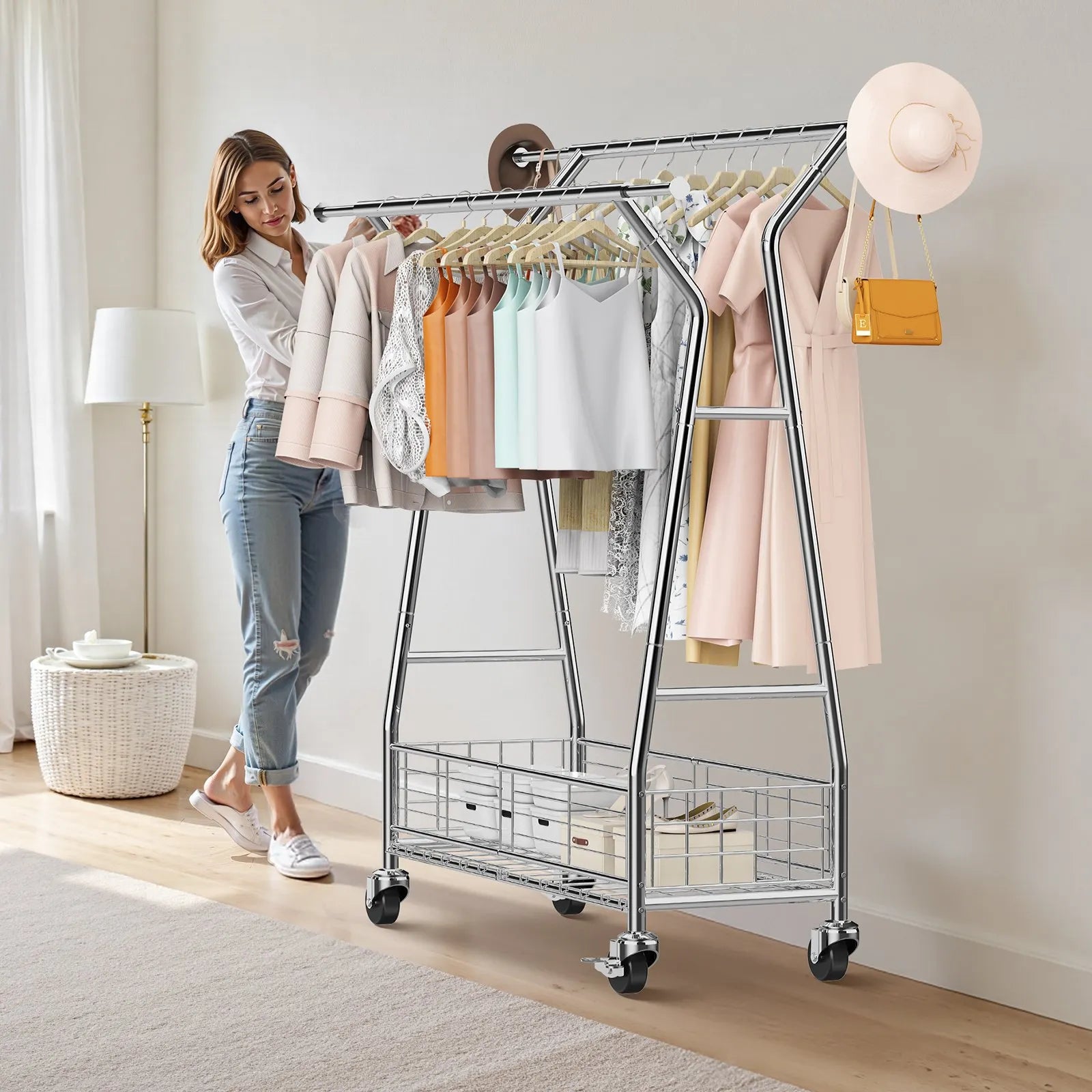 VEVOR Clothes Rack, Rolling Clothing Garment Rack with 2 Hanging Rods and Storage Basket, 330 lbs Load Capacity, Extendable Carbon Steel Clothing Racks with Wheels for Bedroom, Laundry, Living Room 