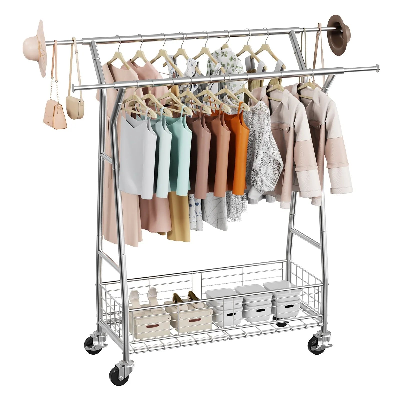 VEVOR Clothes Rack, Rolling Clothing Garment Rack with 2 Hanging Rods and Storage Basket, 330 lbs Load Capacity, Extendable Carbon Steel Clothing Racks with Wheels for Bedroom, Laundry, Living Room 