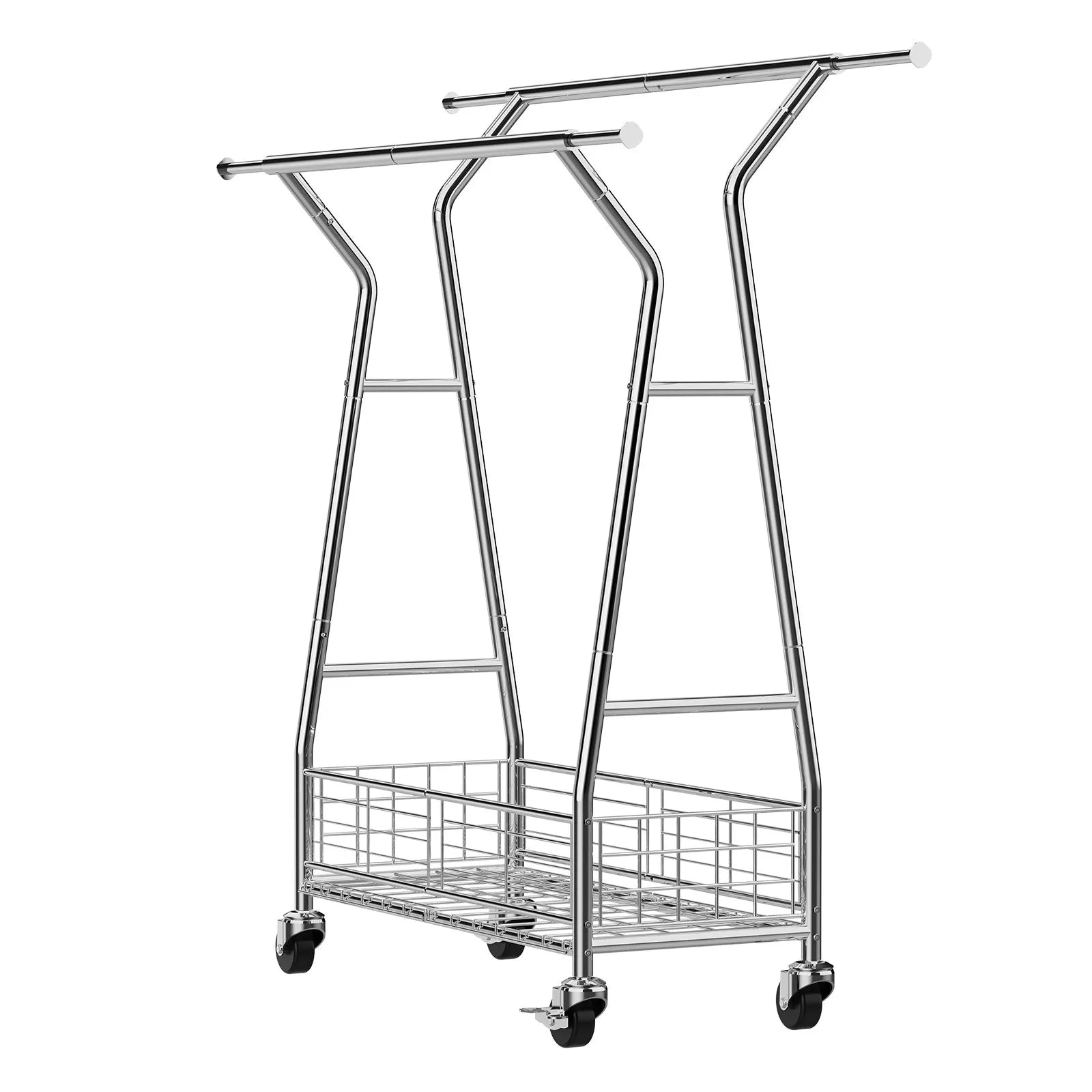VEVOR Clothes Rack, Rolling Clothing Garment Rack with 2 Hanging Rods and Storage Basket, 330 lbs Load Capacity, Extendable Carbon Steel Clothing Racks with Wheels for Bedroom, Laundry, Living Room 