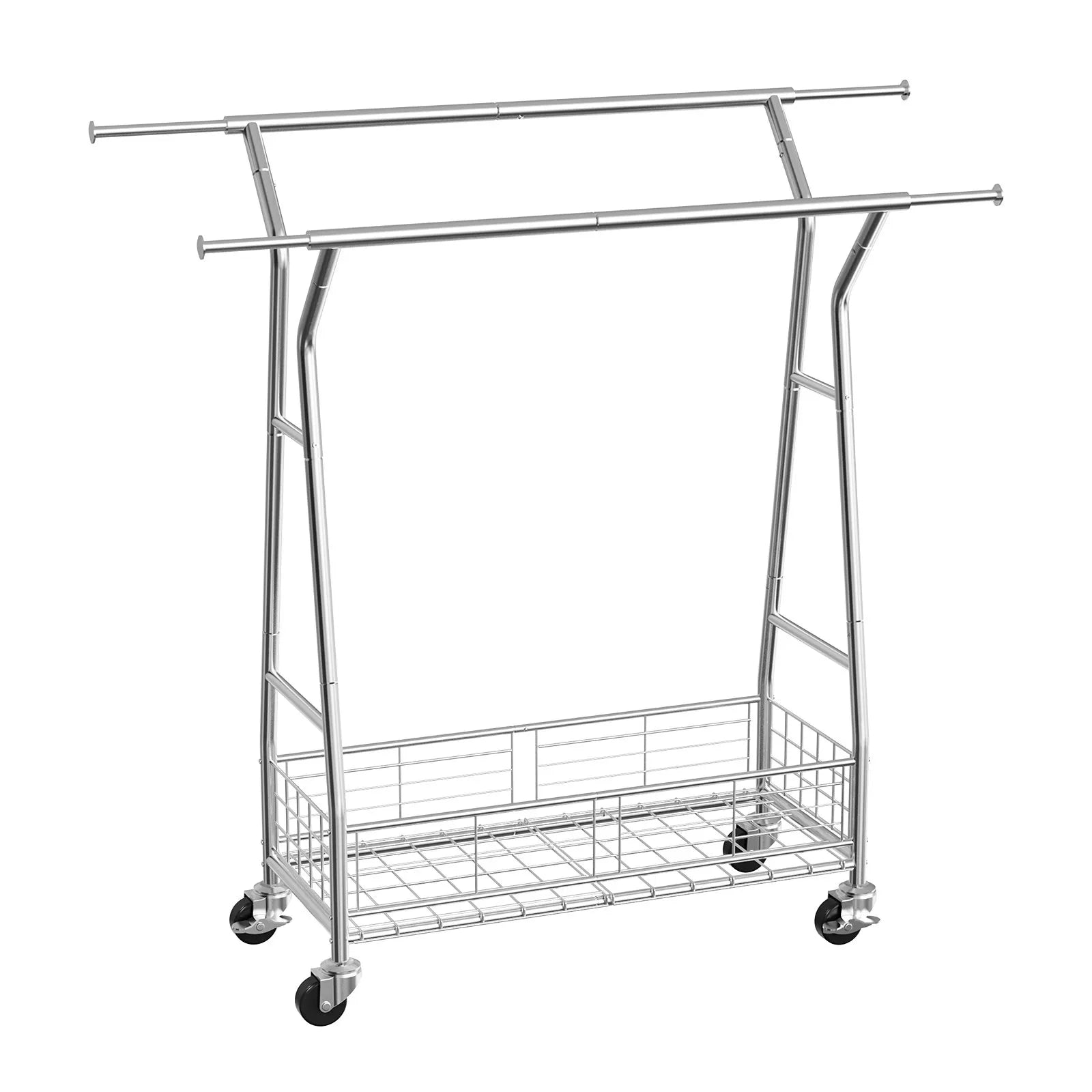 VEVOR Clothes Rack, Rolling Clothing Garment Rack with 2 Hanging Rods and Storage Basket, 330 lbs Load Capacity, Extendable Carbon Steel Clothing Racks with Wheels for Bedroom, Laundry, Living Room 