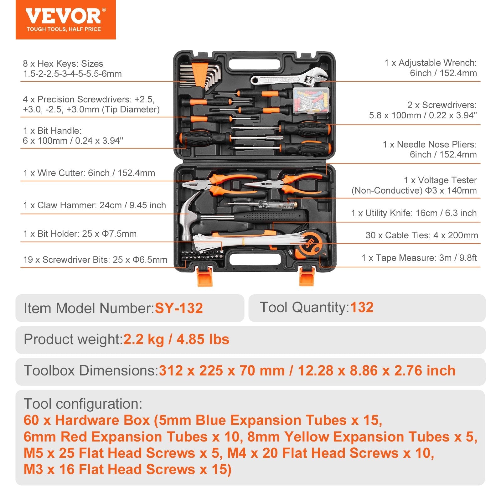 VEVOR Tool Kit, 132 Piece General Household Hand Tool Set, Home Repairing Tool Kit with Portable Tool Storage Case, High-Quality Steel, for Home Maintenance, DIY Projects, and Automotive Repair 