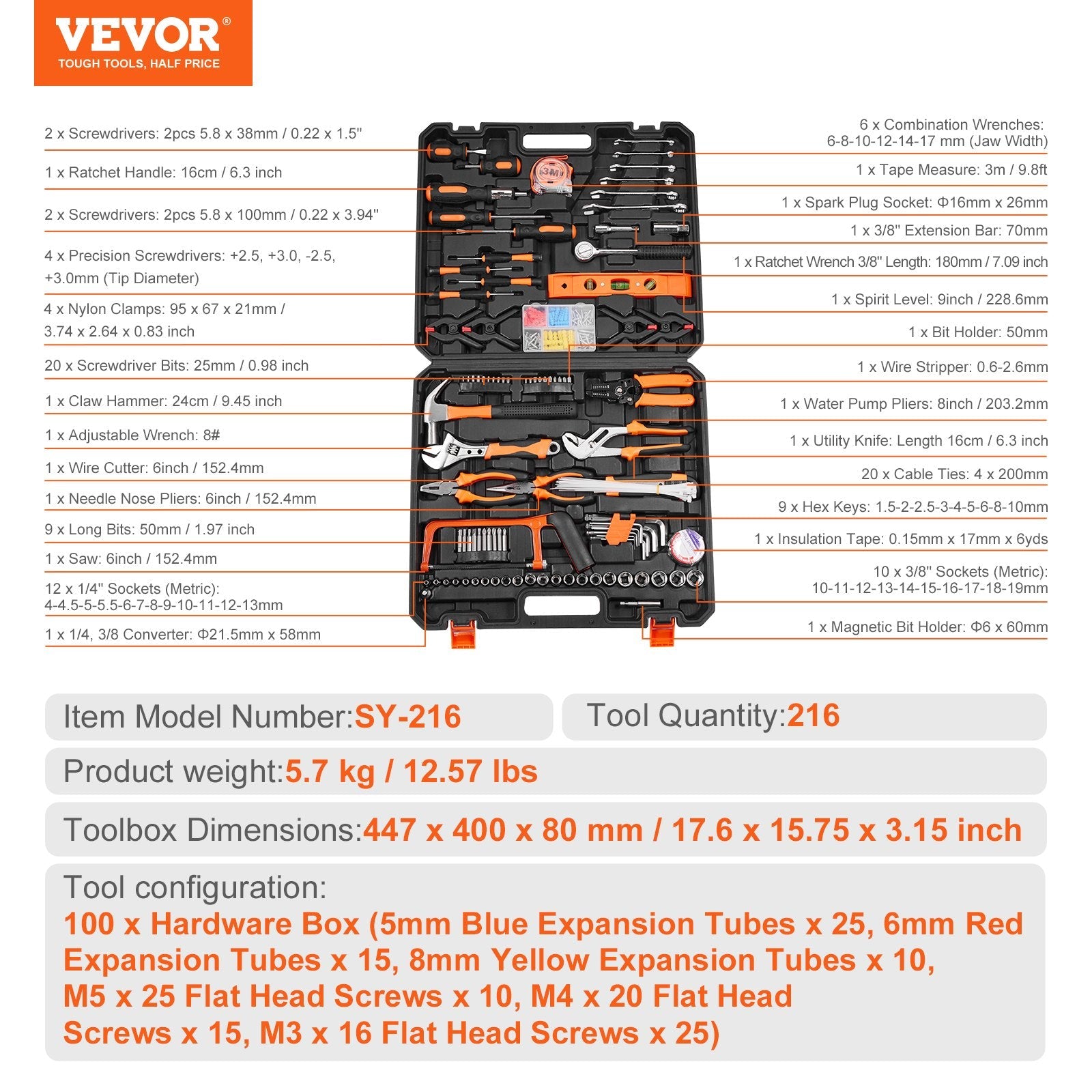 VEVOR Tool Kit, 216 Piece General Household Hand Tool Set, Home Repairing Tool Kit with Portable Tool Storage Case, High-Quality Steel, for Home Maintenance, DIY Projects, and Automotive Repair 