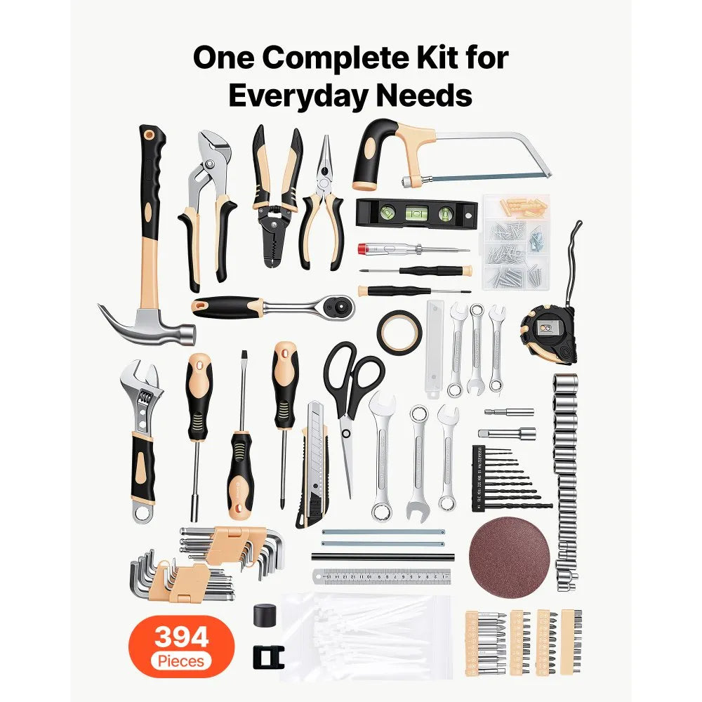 394-Piece Household Tool Kit with Portable Storage Case, Hammer, Pliers, Wrenches & Screwdrivers for Home Repairs and DIY Projects