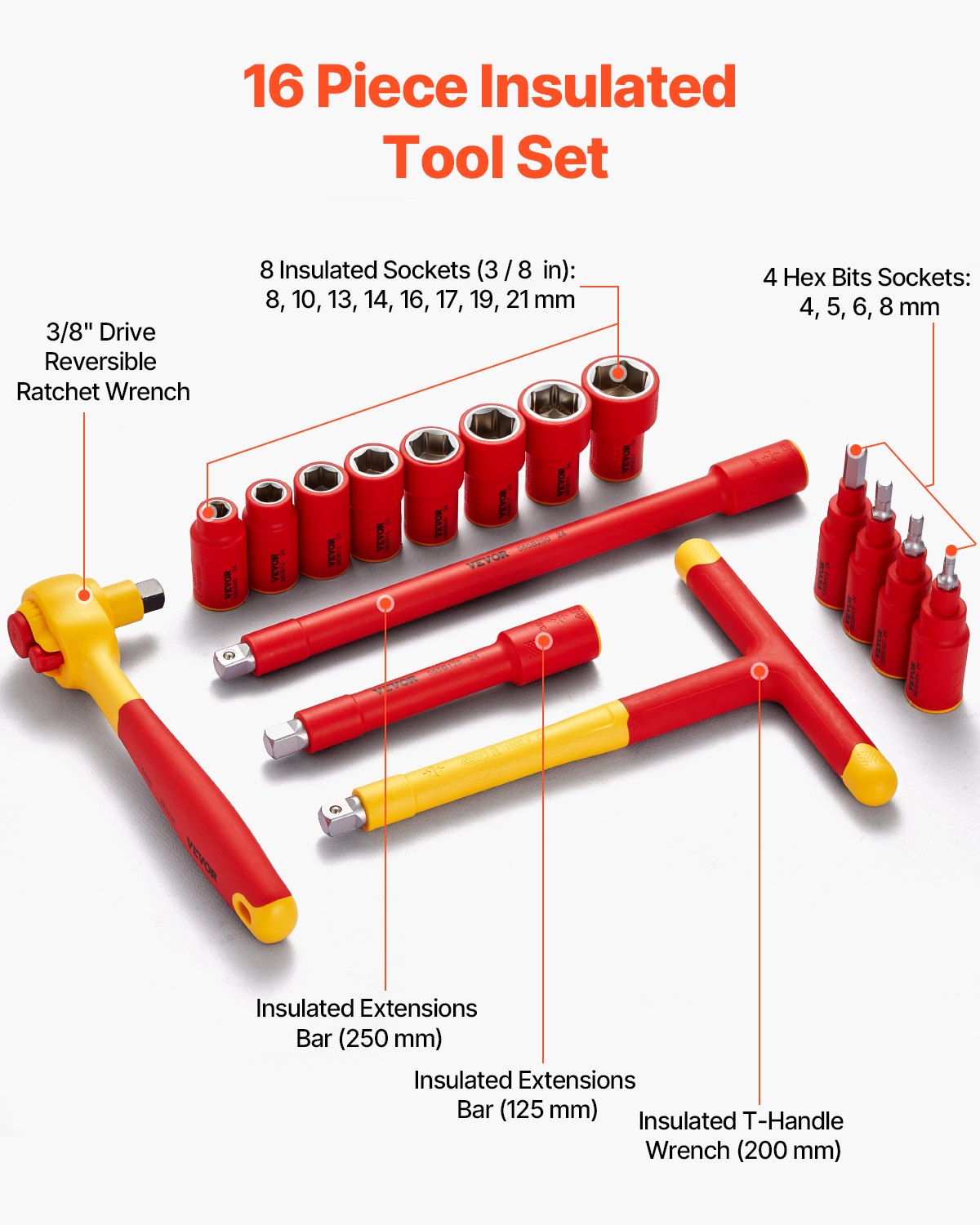 VEVOR Insulated Socket Set 16-Piece Insulated Socket Tool with T-Handle Wrench 