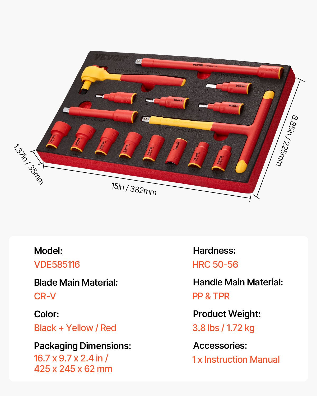 VEVOR Insulated Socket Set 16-Piece Insulated Socket Tool with T-Handle Wrench 