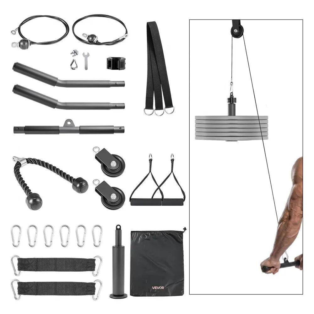 LAT & Lift Pulley System (2 PCS) Gym Cable Attachment with Steel Cables, Short Bar & Dual Grip Handles, 330 lb Capacity