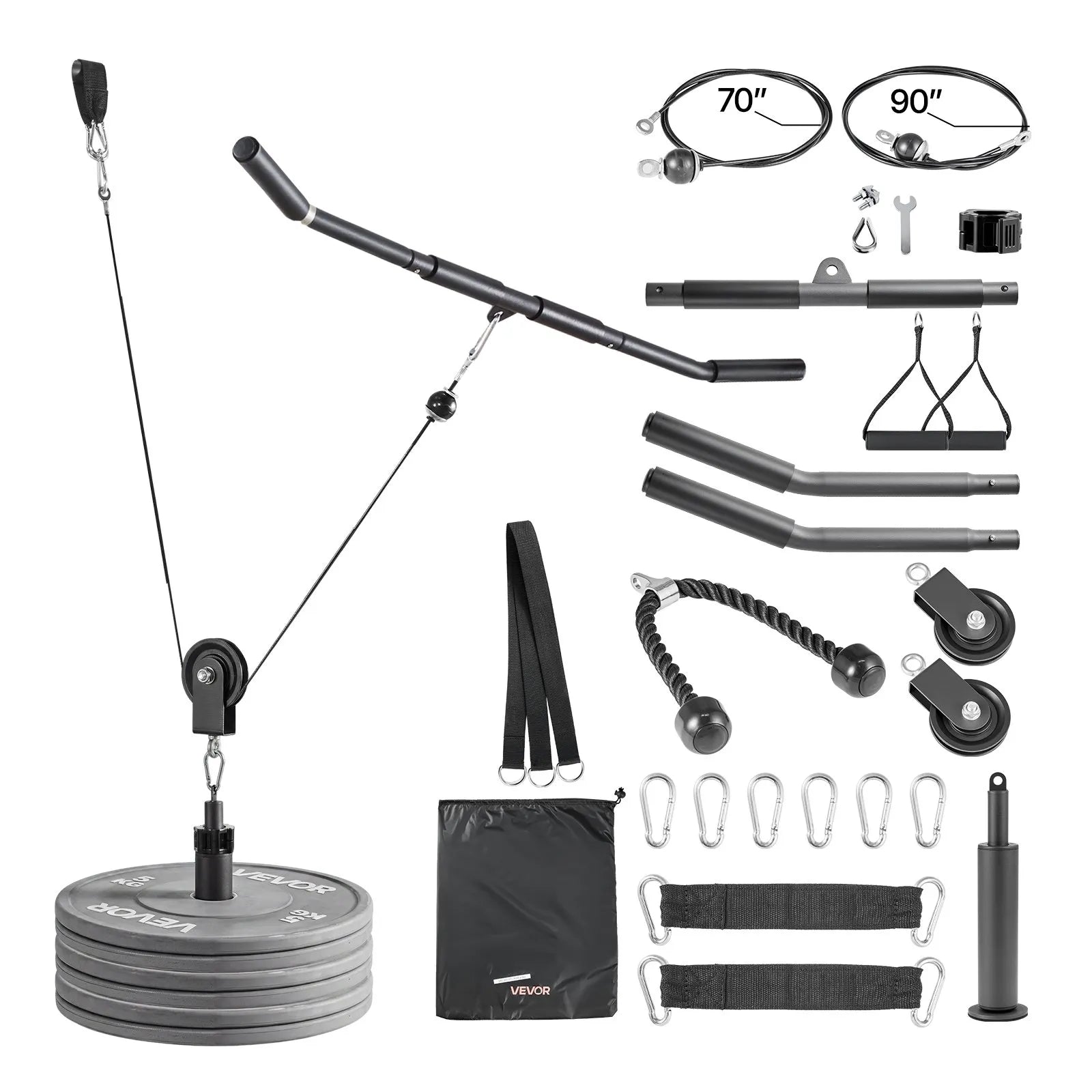 LAT & Lift Pulley System (2 PCS) Gym Cable Attachment with Steel Cables, Short Bar & Dual Grip Handles, 330 lb Capacity