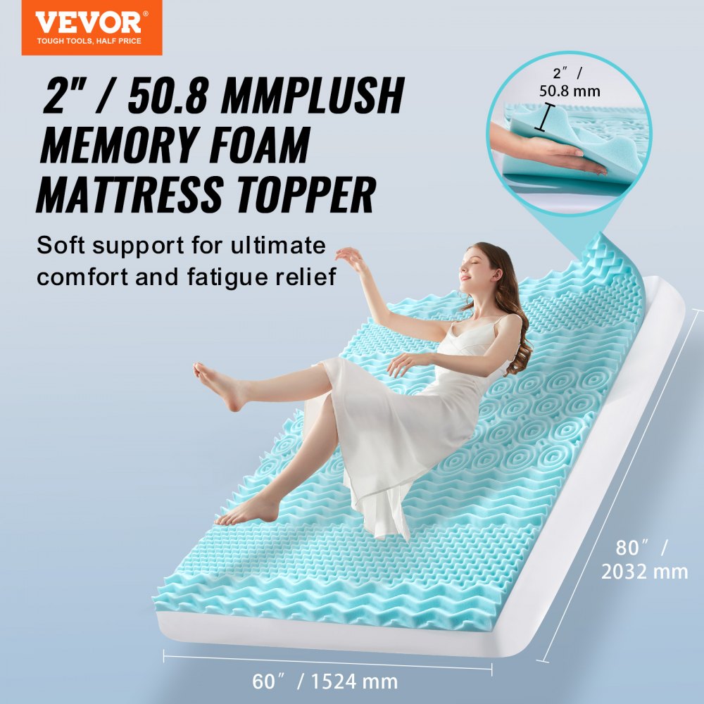 VEVOR Mattress Topper Soft Memory Foam Cooling Gel Infusion Queen Size 2 Inches 