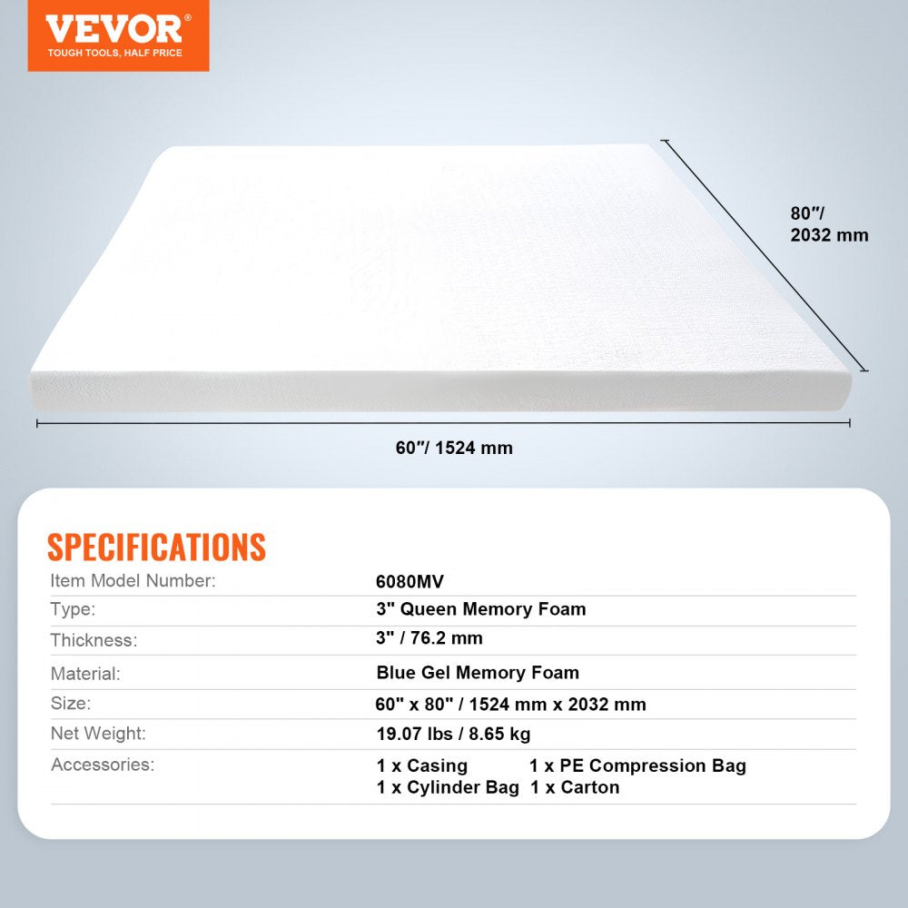 VEVOR Mattress Topper Soft Memory Foam Detachable & Washable Queen 3" Thickness 